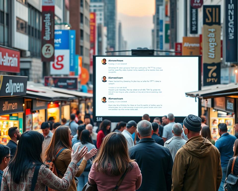 A busy cityscape with a bustling outdoor marketplace, showcasing a variety of IPTV service provider booths. In the foreground, a group of customers enthusiastically sharing their experiences with the almanstream IPTV brand, gesturing animatedly. The middle ground features a large display screen showcasing customer review snippets, presented in a clean, modern design. The background depicts the vibrant energy of the marketplace, with people of diverse backgrounds browsing and haggling. The scene is illuminated by warm, diffused lighting, creating a welcoming and lively atmosphere that captures the essence of "Kundenbewertungen und Erfahrungen" for IPTV services.