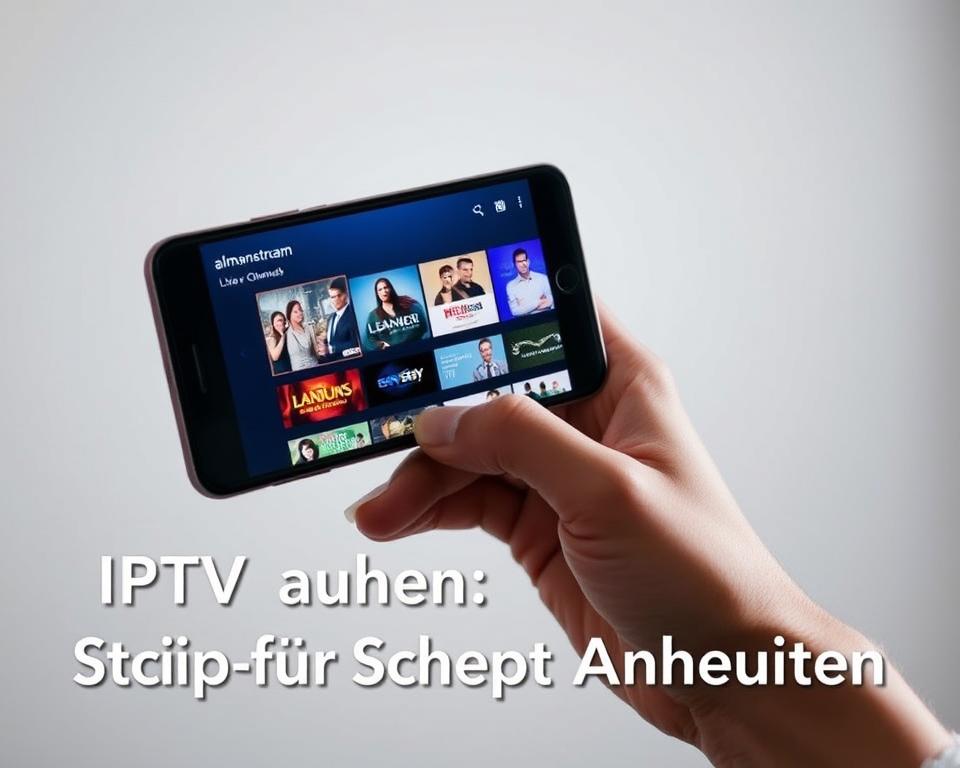 A close-up shot of a person's hand holding a smartphone displaying the "almanstream" IPTV service interface. The screen shows a grid of live TV channels and on-demand content. The hand is surrounded by a clean, minimalist background with subtle gradients, creating a sense of focus on the technology. Soft, directional lighting illuminates the scene, emphasizing the screen's clarity and the user's interaction. The composition conveys the ease and accessibility of IPTV streaming, reflecting the "IPTV kaufen: Schritt für Schritt Anleitung" section title.