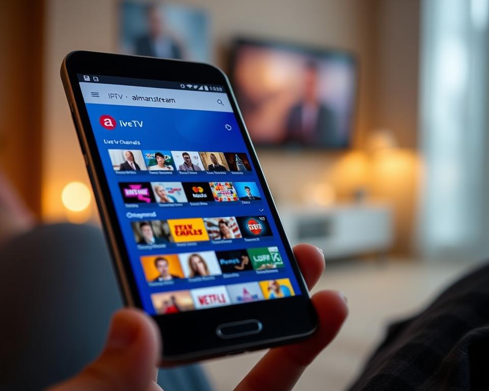 A close-up shot of a smartphone screen displaying the "almanstream" IPTV app's sleek and intuitive interface, showcasing a diverse selection of live TV channels and on-demand content. The screen is illuminated by a soft, warm lighting, creating a cozy and inviting atmosphere. The background is blurred, with subtle hints of a minimalist, modern interior, suggesting a comfortable, portable streaming experience. The image conveys the convenience and versatility of IPTV streaming on the go, perfectly capturing the essence of the "IPTV für unterwegs: Mobiles Streaming" section.