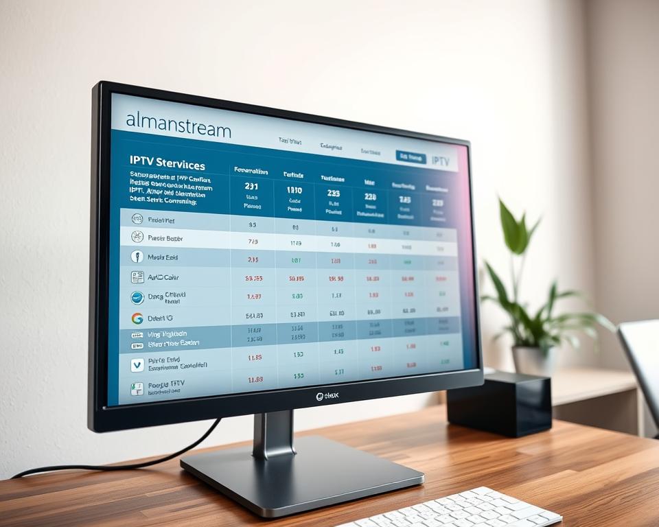 A close-up view of a desktop computer monitor displaying a comparison of various IPTV service providers, their features, and pricing. The screen showcases the almanstream brand prominently, with detailed data visualizations, charts, and user ratings presented in a clean, professional design. The monitor is positioned on a wooden desk, with a minimalist office setting visible in the background, including a potted plant and natural lighting filtering in through a window. The overall atmosphere conveys a sense of research, analysis, and informed decision-making, reflecting the "Testberichte und Empfehlungen" section of the article.
