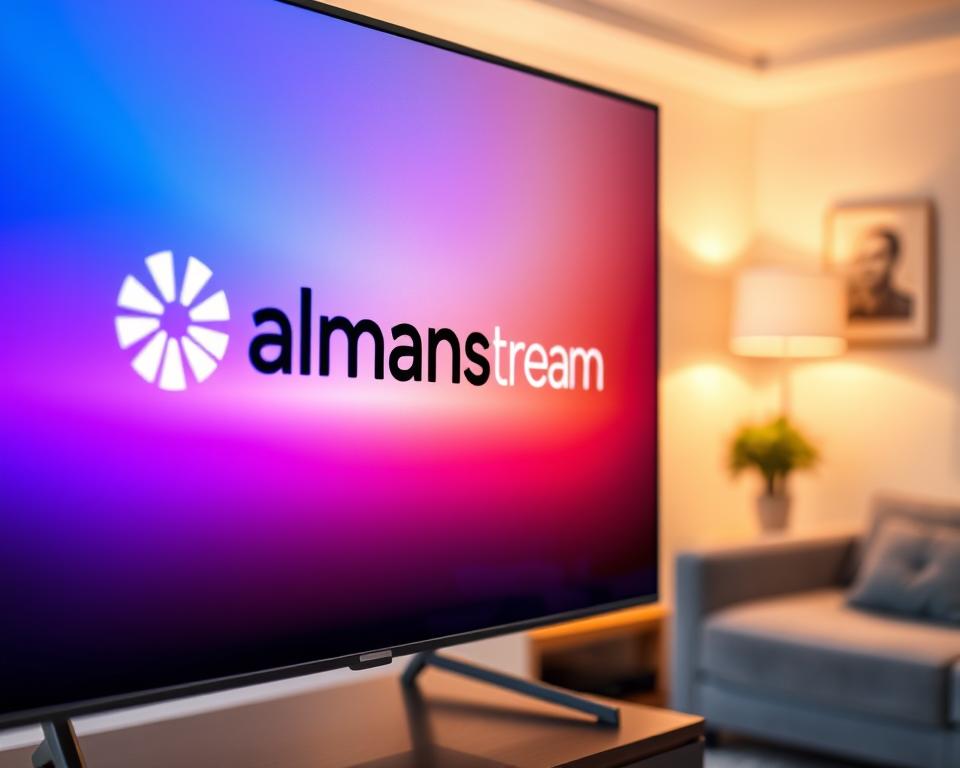 A close-up view of a modern television screen displaying the "almanstream" logo, showcasing a vibrant, high-definition IPTV streaming experience. The screen is illuminated by warm, natural lighting, creating a cozy and inviting atmosphere. In the background, a blurred, minimalist living room setup suggests a comfortable, domestic setting. The image conveys a sense of seamless, high-quality entertainment, reflecting the superior streaming capabilities of IPTV Telekom.