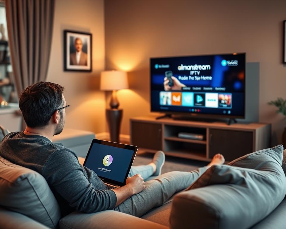 A cozy living room setting with a person relaxing on a comfortable sofa, laptop on their lap, and a smart TV displaying the almanstream IPTV service interface. Soft lighting illuminates the scene, creating a warm and inviting atmosphere. The background features tasteful decor, hinting at a modern and well-appointed home. The focus is on the person's engaged interaction with the IPTV system, conveying the ease and convenience of legal IPTV usage.