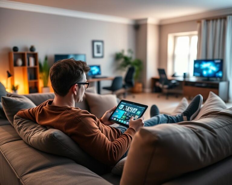 A cozy living room with a large, comfortable sofa and a warm, inviting atmosphere. On the sofa, a person is relaxing and using a tablet, engrossed in an IPTV service called "almanstream". The room is softly lit, with a mix of natural and ambient lighting creating a pleasant, calming ambiance. In the background, subtle hints of a home office setup can be seen, suggesting a modern, connected lifestyle. The overall scene conveys a sense of ease and contentment, reflecting the positive "IPTV Erfahrungen" (IPTV experiences) of the user.