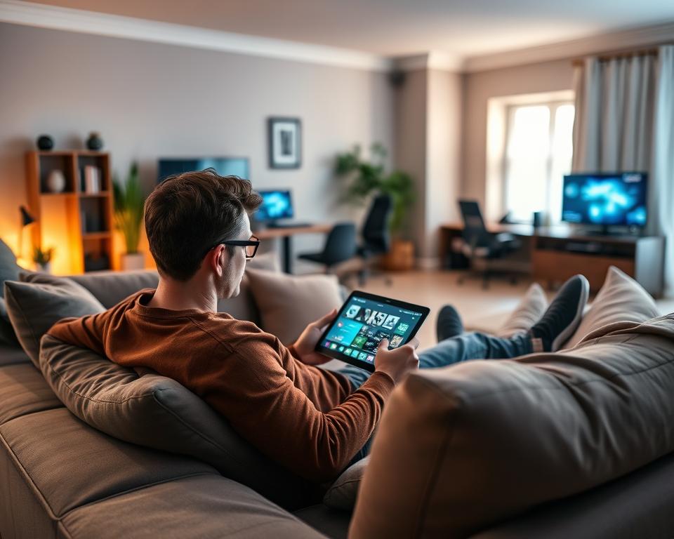 A cozy living room with a large, comfortable sofa and a warm, inviting atmosphere. On the sofa, a person is relaxing and using a tablet, engrossed in an IPTV service called "almanstream". The room is softly lit, with a mix of natural and ambient lighting creating a pleasant, calming ambiance. In the background, subtle hints of a home office setup can be seen, suggesting a modern, connected lifestyle. The overall scene conveys a sense of ease and contentment, reflecting the positive "IPTV Erfahrungen" (IPTV experiences) of the user.