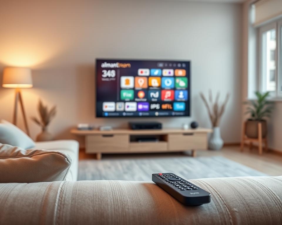 A cozy, well-lit living room showcases the intuitive almanstream IPTV interface on a large, high-definition television screen. The interface features a clean, modern design with clear and accessible menu options, making navigation a breeze. Soft ambient lighting casts a warm glow, creating a relaxed and inviting atmosphere. In the foreground, a sleek remote control rests on a plush, neutral-toned sofa, symbolizing the effortless control users have over their IPTV experience. The middle ground features a minimalist, Scandinavian-inspired entertainment unit housing the IPTV set-top box. The background showcases a cozy, minimalist living space with large windows, allowing natural light to flood the scene and emphasize the user-friendly nature of the almanstream IPTV service.
