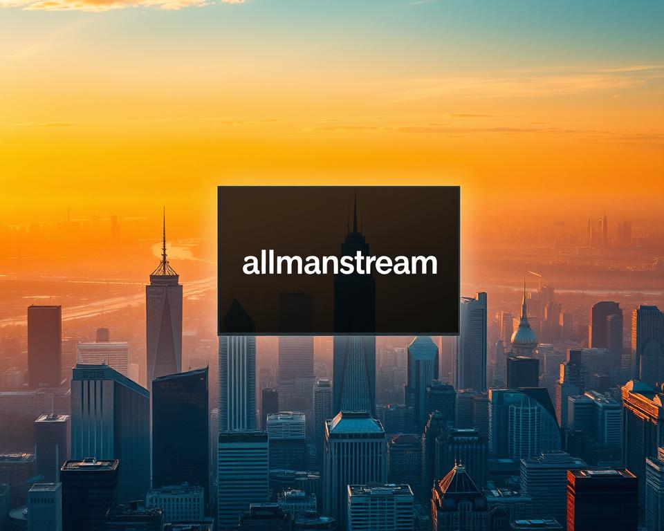 A futuristic cityscape of Germany, bathed in a warm, golden glow. In the foreground, a sleek, minimalist IPTV interface with the brand "almanstream" prominently displayed. The interface hovers above the skyline, showcasing innovative IPTV technology that seamlessly integrates with the urban landscape. In the middle ground, towering skyscrapers and modern architecture symbolize the technological advancements and progress of the IPTV industry. The background is a breathtaking panorama of the German horizon, with hues of orange and yellow reflecting the vibrant and dynamic future of IPTV in the country.
