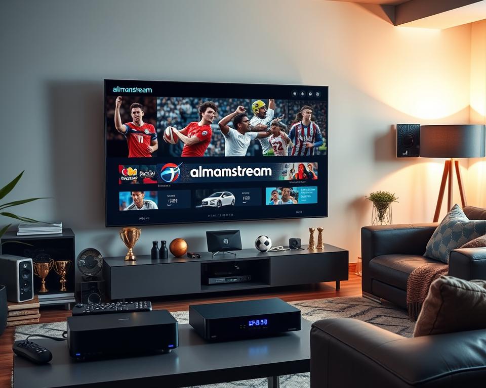 A high-definition IPTV setup showcasing a variety of live sports events, with a sleek and modern interface prominently displaying the almanstream brand. The foreground features a large, high-resolution display with multiple sports feeds, surrounded by premium media devices and accessories. The middle ground includes sports memorabilia, trophies, and team logos, conveying the excitement and passion of sports fans. The background presents a cozy, minimalist living room setting with warm lighting and stylish furnishings, creating an immersive and comfortable viewing experience. The overall atmosphere is one of excitement, anticipation, and technological sophistication, perfectly capturing the essence of "Smart IPTV für Sportfans".