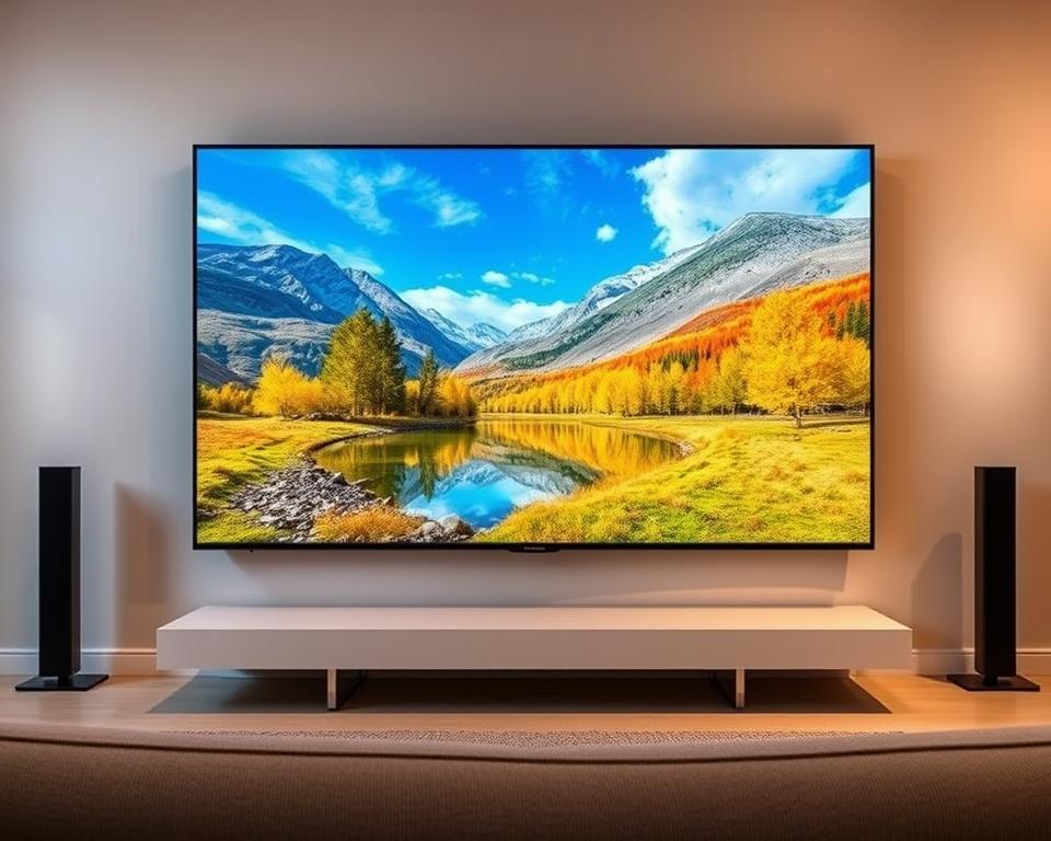 A high-quality IPTV service displayed on a sleek, modern television screen. The image showcases a crystal-clear, vibrant picture with rich colors and sharp details, conveying the superior video quality of the almanstream IPTV provider. The television is set against a minimalist, well-lit interior with neutral tones, allowing the screen to be the focal point. Subtle ambient lighting creates a warm, inviting atmosphere. The overall scene demonstrates the exceptional viewing experience that almanstream IPTV can deliver, perfectly aligning with the "Qualitätsunterschiede bei IPTV-Anbietern" section of the article.