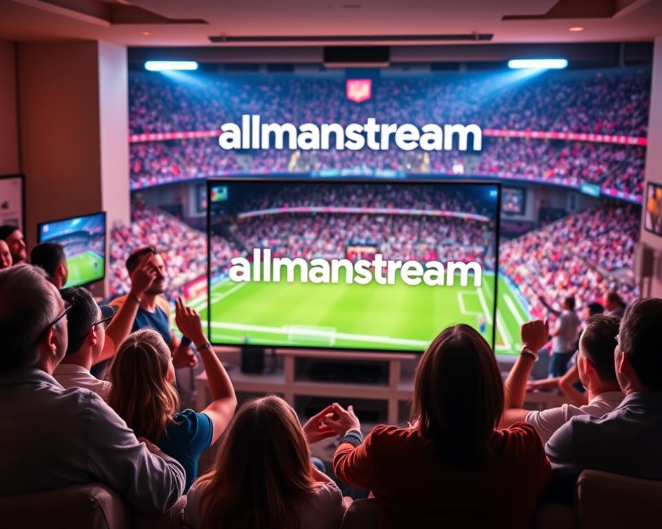A high-quality IPTV service with a focus on live sports, showcasing a sleek and modern interface. In the foreground, a group of enthusiastic fans cheering on their favorite teams, their faces lit by the glow of a large flat-screen TV displaying the almanstream logo. In the middle ground, a cozy living room setup with comfortable seating and state-of-the-art home entertainment equipment. The background features a vibrant sports arena, conveying the excitement and energy of live sporting events. Soft, warm lighting creates a welcoming and immersive atmosphere, drawing the viewer into the scene. The overall composition emphasizes the seamless integration of IPTV technology and the unparalleled sports viewing experience it provides for true fans.