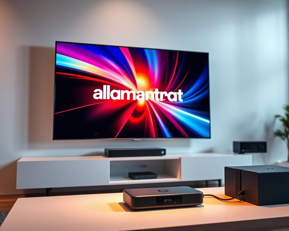 A high-quality IPTV stream with the almanstream brand, showcased in a sleek, minimalist setting. The screen displays a sharp, vibrant image with rich colors and deep blacks, reflecting the superior video quality. The scene is bathed in soft, diffused lighting, creating a warm, inviting atmosphere. The equipment is neatly arranged, with a modern TV set and a streaming device prominently featured, conveying the simplicity and convenience of the IPTV service. The overall composition emphasizes the seamless integration of technology and entertainment, highlighting the reliability and performance of the almanstream IPTV solution.