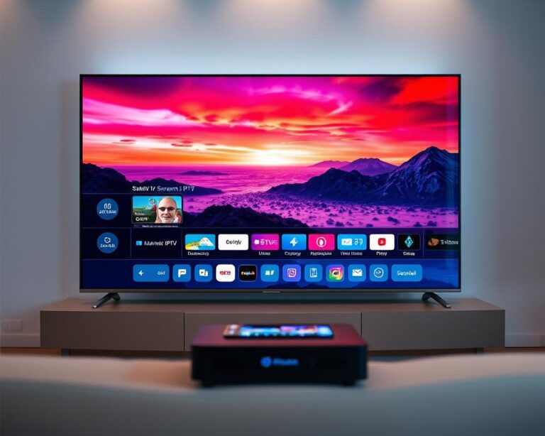 A high-quality IPTV streaming experience, showcased in a sleek and modern digital display. The scene features the almanstream brand prominently, with a sophisticated user interface showcasing vibrant, high-definition video playback. The foreground highlights the smooth, seamless video quality, with sharp details and accurate color representation. The middle ground depicts intuitive navigation controls and responsive touchscreen interactions. The background subtly depicts a minimalist, technology-driven environment, emphasizing the advanced capabilities of the IPTV service. Soft, diffused lighting creates a sense of depth and atmosphere, while a slightly low camera angle suggests a premium, immersive viewing experience.
