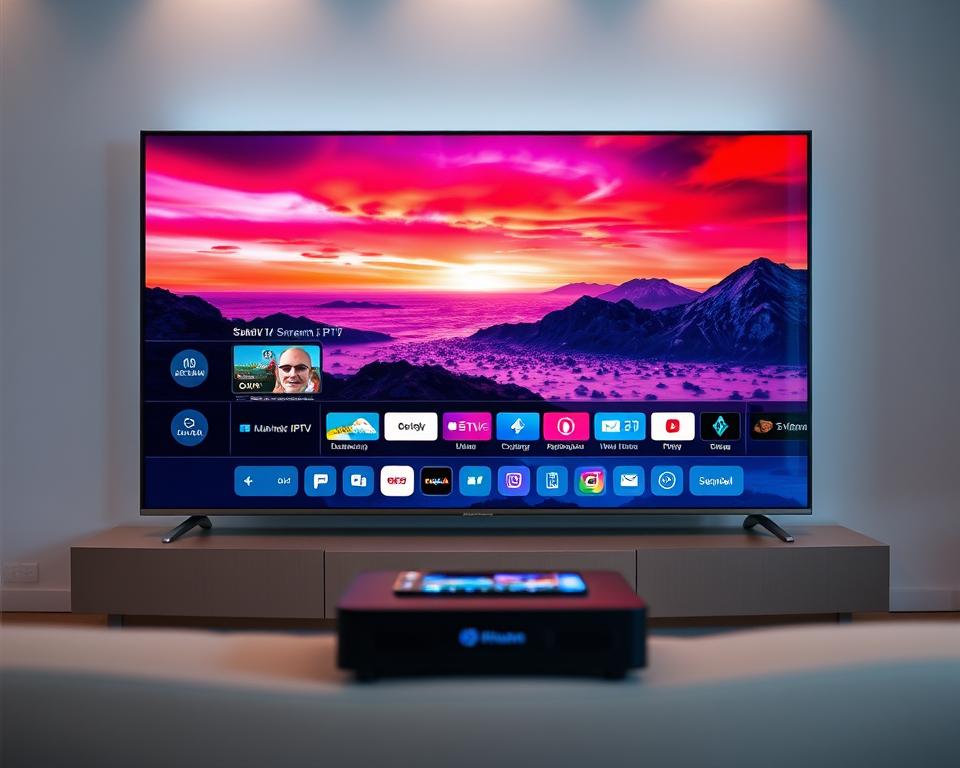 A high-quality IPTV streaming experience, showcased in a sleek and modern digital display. The scene features the almanstream brand prominently, with a sophisticated user interface showcasing vibrant, high-definition video playback. The foreground highlights the smooth, seamless video quality, with sharp details and accurate color representation. The middle ground depicts intuitive navigation controls and responsive touchscreen interactions. The background subtly depicts a minimalist, technology-driven environment, emphasizing the advanced capabilities of the IPTV service. Soft, diffused lighting creates a sense of depth and atmosphere, while a slightly low camera angle suggests a premium, immersive viewing experience.