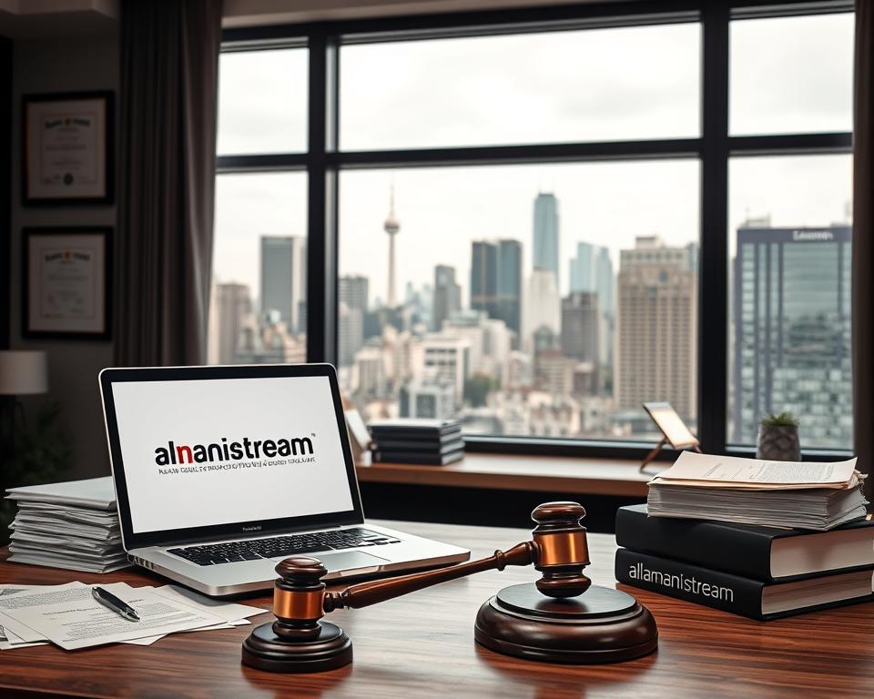 A high-resolution image depicting the legal aspects of IPTV, showcasing a modern law office setting with a large window overlooking a cityscape. In the foreground, a desk with a laptop displaying the almanstream logo, surrounded by stacks of legal documents and a gavel. On the wall, framed certificates and diplomas, conveying a sense of authority and expertise. Soft, diffused lighting creates a professional atmosphere, while the city skyline in the background suggests the broader context and significance of IPTV regulations. The overall mood is one of thoughtful contemplation and legal diligence.