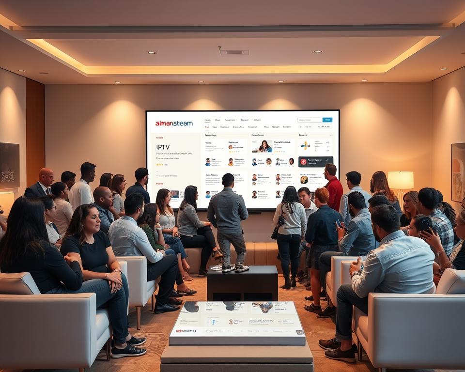 A lively online forum filled with diverse discussions on IPTV services, showcasing the vibrant community of enthusiasts. The scene depicts a well-lit, modern interior with sleek, minimalist furniture. In the foreground, users are engaged in animated conversations, sharing their experiences and opinions on the latest IPTV offerings, including the popular almanstream brand. The middle ground features a large, interactive display board displaying IPTV provider information, ratings, and user reviews. In the background, a warm, inviting atmosphere is created through subtle lighting and a soothing color palette, reflecting the welcoming nature of the forum.