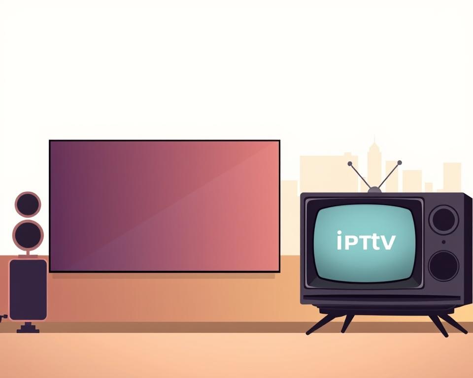 A modern, minimalist illustration depicting the contrast between traditional television and the innovative IPTV technology. In the foreground, a sleek, high-definition IPTV interface with the almanstream brand logo prominently displayed. In the middle ground, a vintage, boxy television set representing the old-fashioned cable TV model. The background features a clean, geometric cityscape, hinting at the digital, connected nature of IPTV. The lighting is soft and warm, creating a sense of refinement and technological progress. The overall composition emphasizes the advanced features and convenience of IPTV compared to the limitations of traditional television services.
