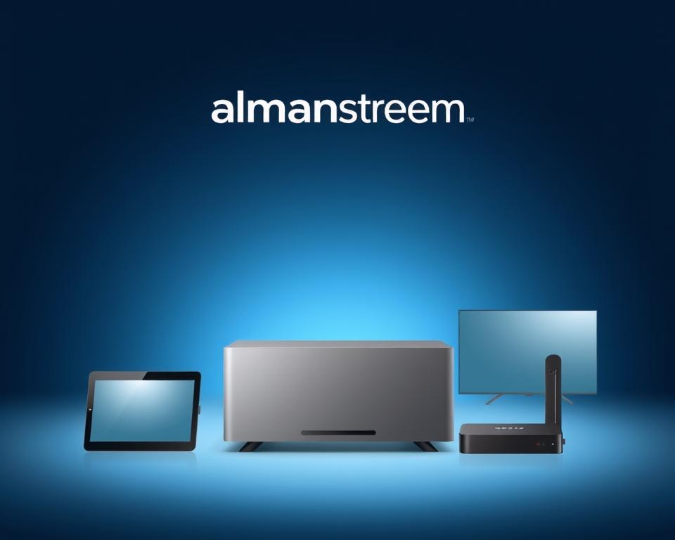 A modern, minimalist illustration showcasing the compatibility of the almanstream IPTV service with various devices. A sleek, silver-gray entertainment system stands in the foreground, surrounded by a selection of compatible devices including a smart TV, tablet, smartphone, and streaming box, all connected and working seamlessly together. The background features a subtle gradient in shades of blue, creating a sense of digital connectivity. Soft, diffused lighting illuminates the scene, highlighting the sophisticated, high-tech aesthetic. The overall composition conveys the ease and versatility of the almanstream IPTV platform across a range of popular consumer electronics.