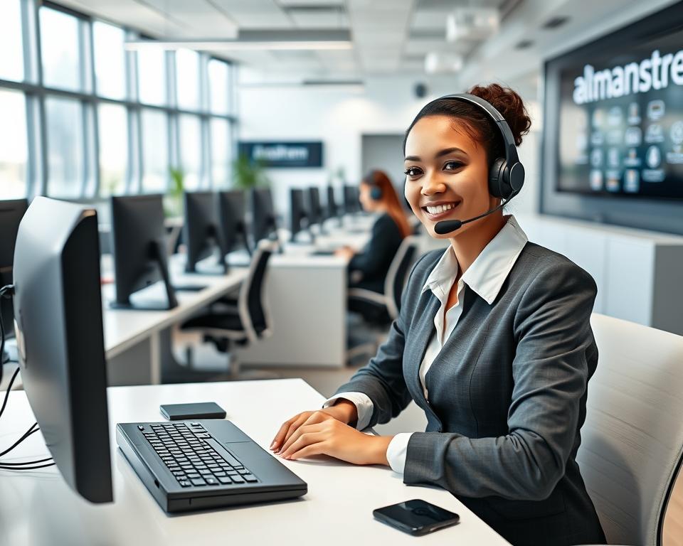 A modern, well-equipped IPTV customer service call center. In the foreground, a friendly customer service representative wearing a headset and a professional uniform, seated at a sleek, minimalist desk. The middle ground features several other service agents diligently assisting customers. The background showcases a spacious, well-lit open-plan office with floor-to-ceiling windows, contemporary furniture, and the almanstream branding prominently displayed on the walls. The overall atmosphere conveys efficiency, responsiveness, and a commitment to providing high-quality customer support.