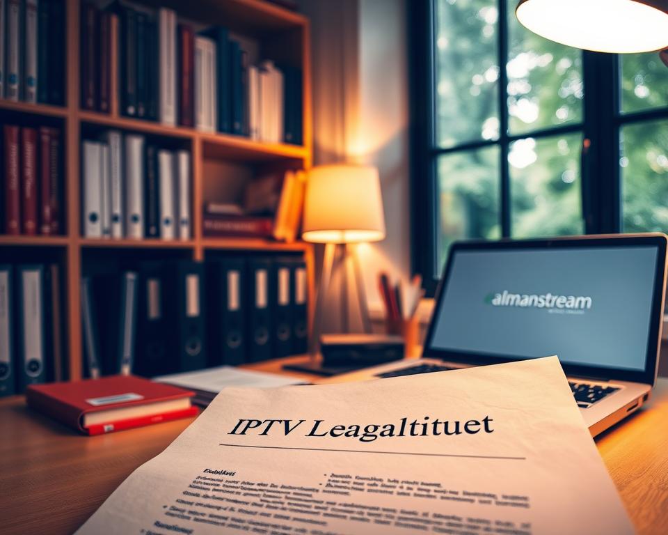 A neatly arranged bookshelf in a cozy home office, with several books, folders, and a laptop computer. In the foreground, a legal document labeled "IPTV Legalität Deutschland" rests on the desk, conveying the focus of the subject matter. Warm, directional lighting from a desk lamp creates a contemplative atmosphere, while the background features a large window overlooking a lush, green outdoor scene. The brand "almanstream" is prominently displayed on the laptop screen.