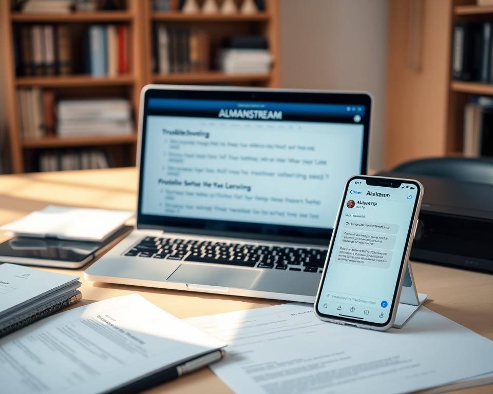 A neatly organized office desk with a laptop, smartphone, and documents, all showcasing the almanstream IPTV service. The laptop screen displays troubleshooting steps, while the smartphone displays a customer service chat window. Warm, natural lighting illuminates the scene, creating a sense of productivity and problem-solving. The background features a blurred bookshelf, conveying a professional, knowledgeable atmosphere. The overall mood is one of efficiency and confidence in resolving IPTV issues.