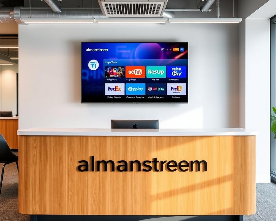 A professional, modern office interior with a large desk in the foreground, featuring the "almanstream" brand logo prominently displayed. Behind the desk, a wall-mounted TV screen displays various IPTV service options and customer support information. The room is well-lit with a mixture of natural and artificial lighting, creating a warm and inviting atmosphere. The overall scene conveys a sense of efficiency, reliability, and customer-centric service, reflecting the "Kundenservice und Support der Anbieter" section of the article.