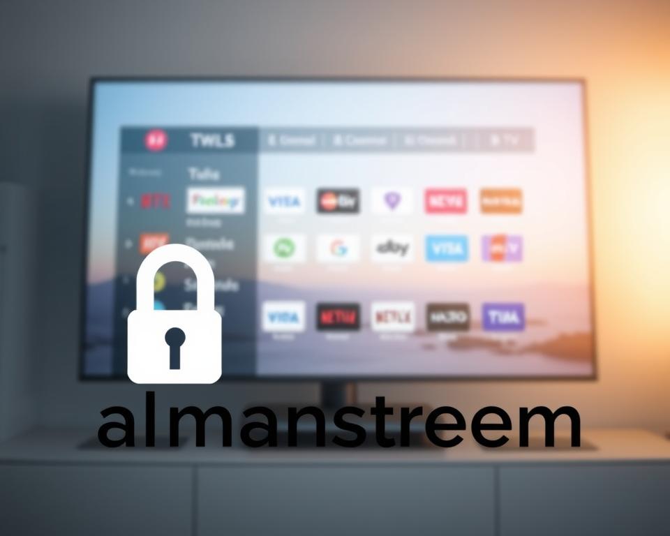 A secure and visually appealing IPTV channel list on a modern, minimalist interface. The foreground displays the "almanstream" logo prominently, conveying a sense of trust and reliability. The middle ground showcases a clean, organized layout of IPTV channels, with intuitive icons and a soothing color palette. The background features a subtle, blurred landscape that suggests a sense of tranquility and privacy, alluding to the security and data protection aspects of the service. Soft, directional lighting creates depth and highlights the key elements. The overall tone is one of professionalism, simplicity, and user-friendliness, befitting the "Sicherheit und Datenschutz bei Smart IPTV" section of the article.