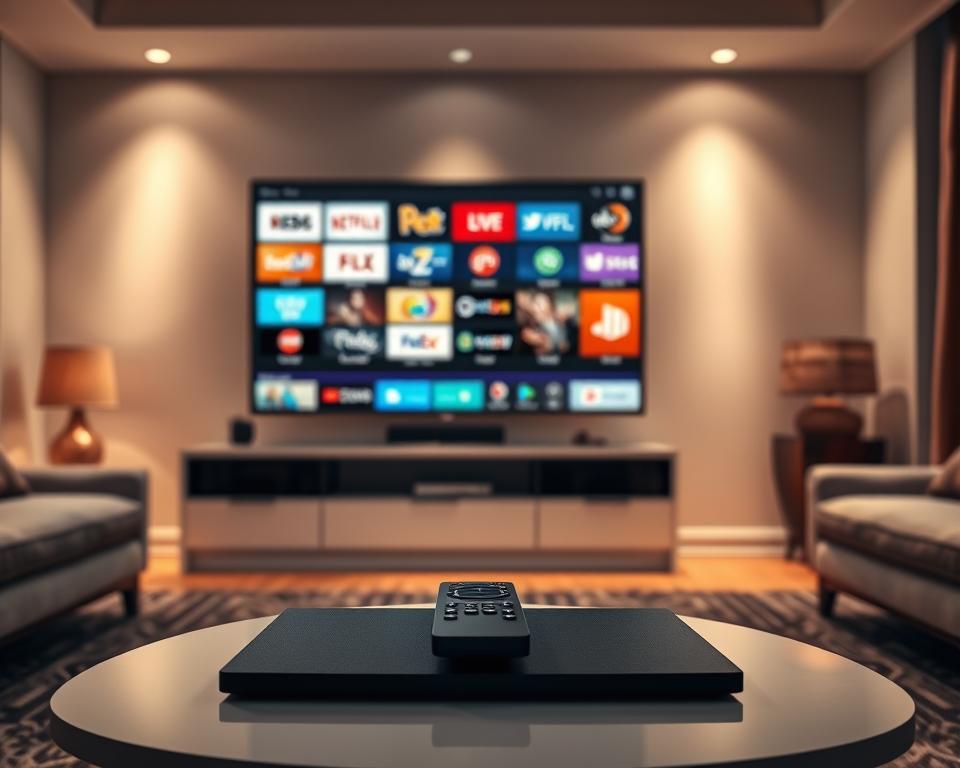 A serene living room interior with a large flatscreen TV prominently displayed, showcasing the "almanstream" IPTV service's diverse channel offerings. The TV screen displays a grid of colorful channel logos, hinting at the wide range of entertainment options available. The room is bathed in warm, diffused lighting, creating a cozy and inviting atmosphere. In the foreground, a modern coffee table holds a remote control, symbolizing the convenience of accessing the "almanstream" IPTV service. The overall scene conveys the idea of an affordable, feature-rich IPTV package that can enhance the home viewing experience.