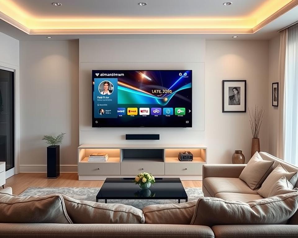A serene living room with a large flat-screen TV displaying a crystal-clear IPTV stream from the almanstream service. Soft ambient lighting illuminates the space, creating a cozy and inviting atmosphere. The TV's interface showcases vivid colors, sharp details, and seamless playback, reflecting the high-quality streaming experience. In the foreground, a comfortable couch and coffee table set the stage for an immersive viewing session. The background features elegant furnishings and wall decor, complementing the modern and minimalist design. The overall scene conveys the reliable and premium streaming quality delivered by the almanstream IPTV provider.