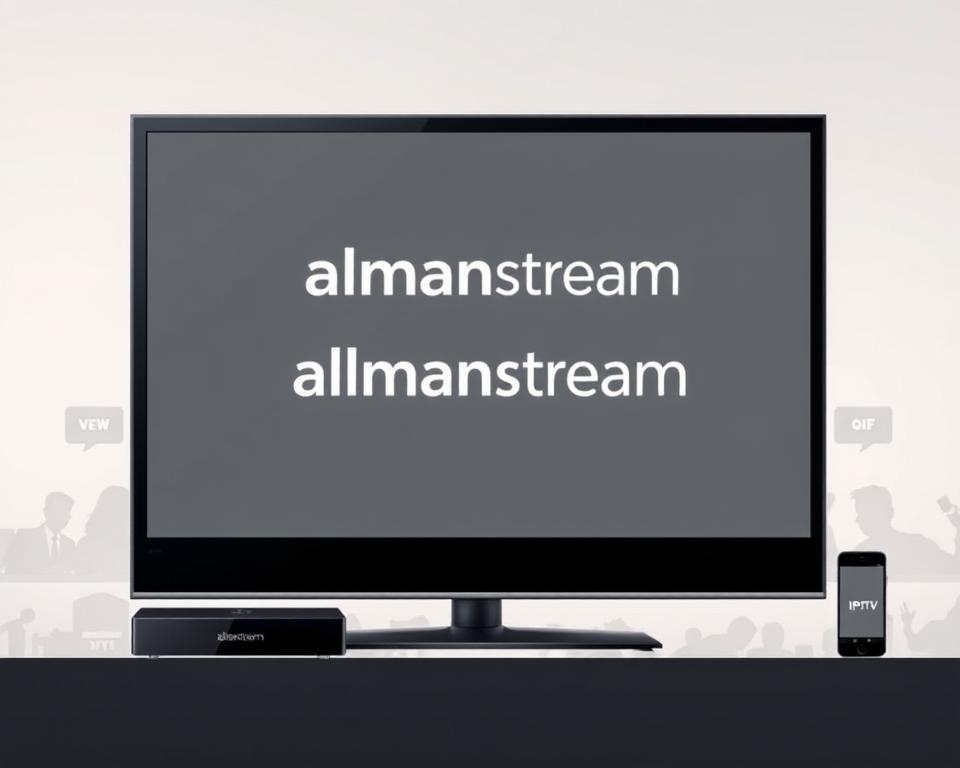 A serene, minimalist illustration showcasing the almanstream IPTV service. In the foreground, a sleek, modern television displays the almanstream logo against a muted, neutral background. The middle ground features a variety of streaming devices, such as a set-top box and a smartphone, seamlessly integrated into the scene. The background subtly hints at the breadth of IPTV offerings, with silhouettes of various content and channel icons. The overall composition conveys a sense of simplicity, sophistication, and the convenience of the almanstream IPTV platform, perfectly suited to illustrate the "Fazit: Den richtigen IPTV-Anbieter wählen" section of the article.