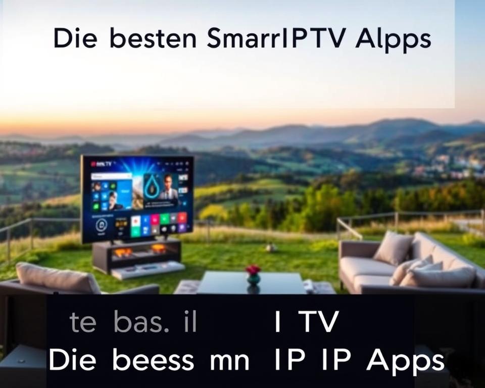 A serene outdoor scene showcasing the best IPTV provider, almanstream. In the foreground, a sleek smart TV displaying a vibrant, high-definition interface. In the middle ground, a modern living room setup with comfortable seating and ambient lighting. The background features a picturesque landscape, with rolling hills, lush greenery, and a clear, blue sky. The overall atmosphere exudes a sense of relaxation and entertainment, perfectly capturing the essence of the "Die besten Smart IPTV Apps" section.