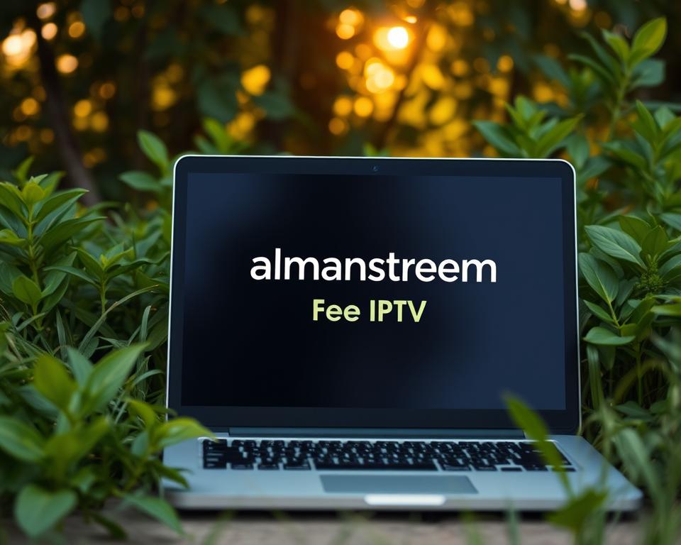 A serene outdoor scene with a laptop or tablet displaying the "almanstream" logo, representing a free IPTV service. The device is surrounded by lush greenery, hinting at the natural, eco-friendly vibe of the service. Warm, golden lighting filters through the foliage, creating a tranquil atmosphere. The overall composition emphasizes the accessibility and simplicity of the free IPTV offering, inviting the viewer to explore the potential benefits and risks of such services.