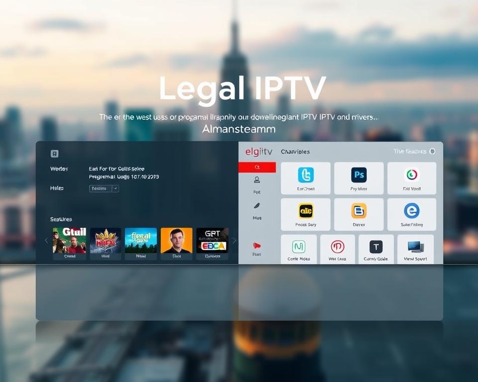 A serene, well-designed web interface showcasing the features of the legal IPTV provider almanstream. In the foreground, a clean, minimalist dashboard displays channel logos, program guides, and subscription details. The middle ground features stylized icons representing the provider's content library, device compatibility, and customer support. In the background, a blurred cityscape suggests the service's widespread availability and reliability. The overall aesthetic conveys a sense of professionalism, trustworthiness, and user-friendliness, reflecting the attributes of a legitimate IPTV offering.