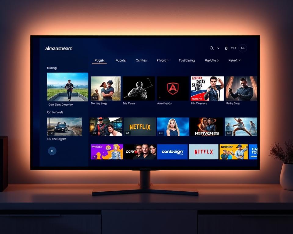 A sleek and intuitive IPTV platform with the brand name "almanstream", showcasing a minimalist user interface with clean lines, subtle gradients, and a well-organized layout. The screen displays a selection of popular channels and on-demand content, accessible through a responsive and easy-to-navigate menu system. The overall atmosphere is one of modern simplicity and effortless usability, with a warm, soft lighting that enhances the platform's visually appealing and user-friendly aesthetic.