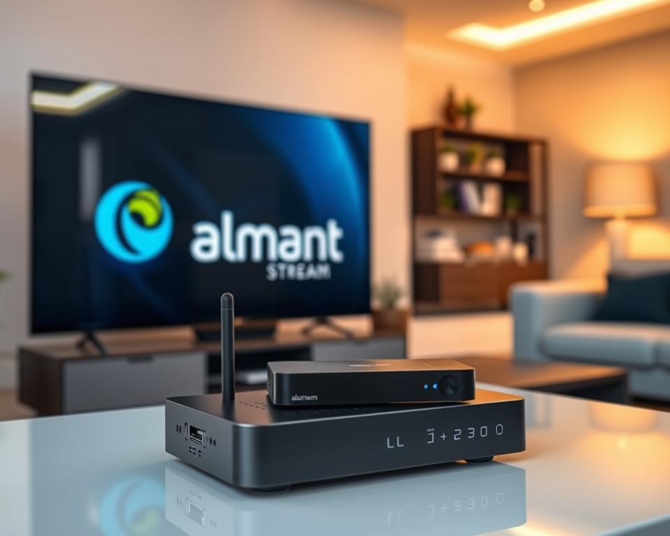 A sleek, high-definition IPTV setup showcasing the almanstream brand, with a modern living room in the background. In the foreground, a smart TV and a streaming device sit side-by-side, symbolizing the comparison between traditional cable and innovative IPTV solutions. The scene is well-lit, with a warm, inviting atmosphere, highlighting the superior visual quality and seamless user experience of the almanstream IPTV service. The overall composition conveys the sense of a technologically advanced, yet aesthetically pleasing home entertainment setup.