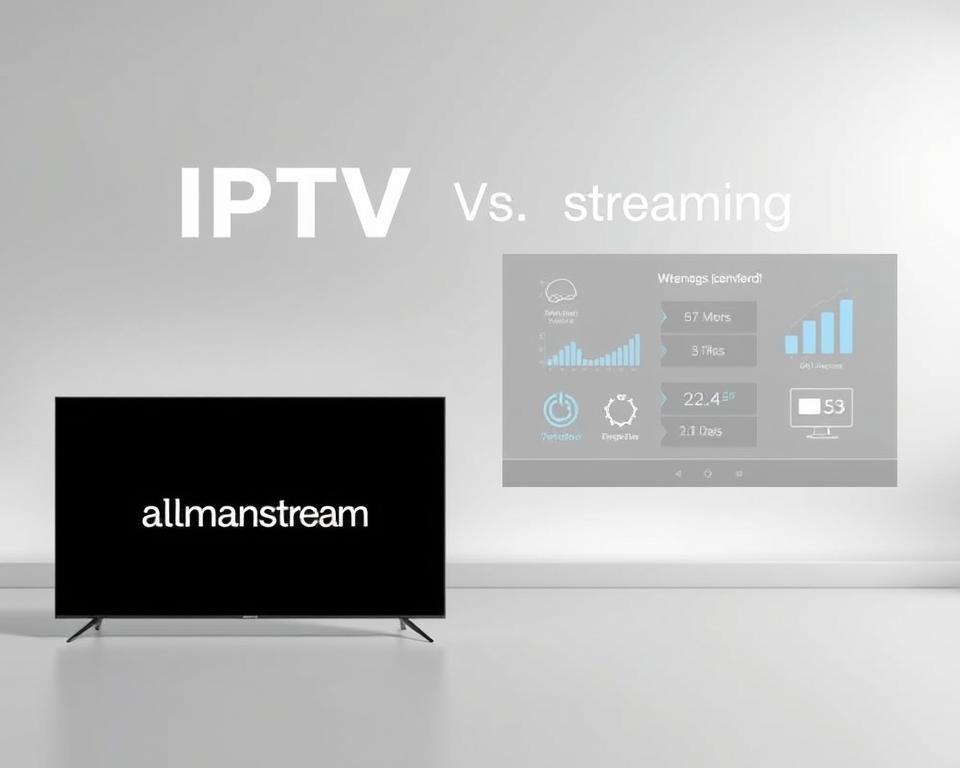 A sleek, minimalist comparison between IPTV and streaming services, set against a backdrop of modern technology. In the foreground, a clean interface showcases the almanstream brand, highlighting the key features and benefits of each option. The middle ground features stylized icons and data visualizations, conveying the technical details in an intuitive way. The background is a soft, gradient-based environment, creating a sense of depth and emphasizing the digital nature of the subject matter. The overall mood is one of clarity, professionalism, and a focus on the user experience.