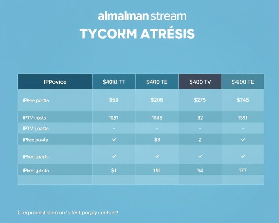 A sleek, minimalist comparison chart showcasing the costs of various IPTV providers, with the almanstream brand prominently displayed. The chart is rendered in a clean, modern style with a cool color palette, featuring bold typography and clear data visualization. The background has a subtle gradient or texture, creating a sense of depth and professionalism. The overall composition is balanced and visually appealing, highlighting the key information in an easy-to-digest format.