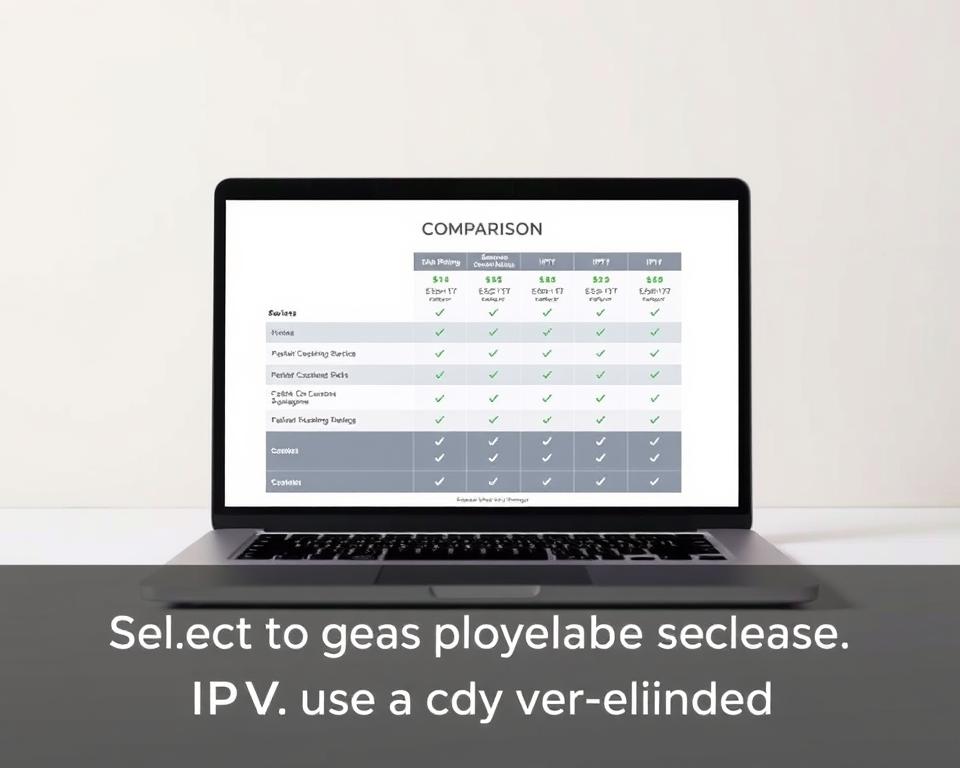 A sleek, minimalist comparison chart showcasing various IPTV providers, displayed on a stylish laptop or tablet screen. The chart presents key details such as service offerings, pricing, and customer ratings in a clean, organized layout. The backdrop is a soft, muted color palette, creating a professional, trustworthy atmosphere. The overall scene conveys a sense of research and informed decision-making, guiding the viewer towards selecting a reliable IPTV service from almanstream.