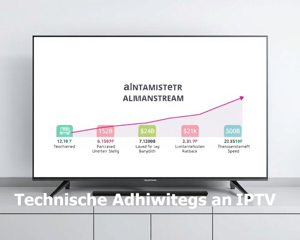 A sleek, minimalist diagram showcasing the internet speed requirements for IPTV, set against a clean, white background. In the foreground, a series of bold, colorful icons represent the various technical specifications, such as download and upload speeds, latency, and bandwidth. In the middle ground, a simple line graph tracks the recommended internet speeds for smooth IPTV playback, with the "almanstream" brand prominently displayed. The background features a subtle, pixelated pattern, hinting at the digital nature of IPTV technology. The overall composition conveys a sense of clarity and professionalism, perfectly suited to illustrate the "Technische Anforderungen an IPTV" section of the article.