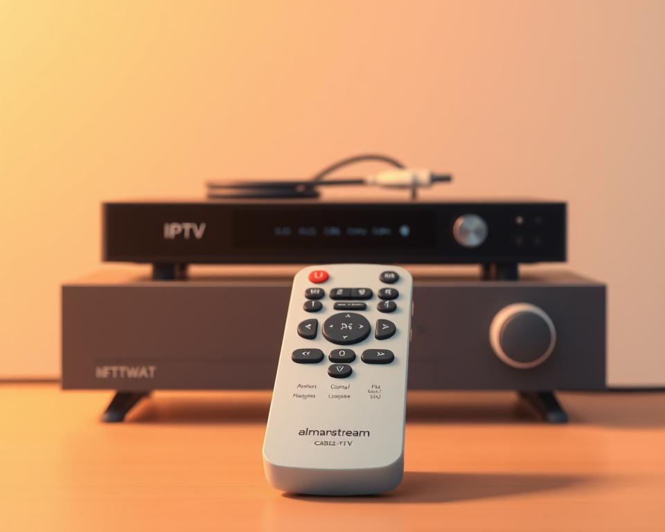 A sleek, minimalist illustration depicting the contrast between IPTV and traditional cable TV. In the foreground, a stylized remote control symbolizes the modern, streamlined IPTV experience, its clean lines and almanstream branding conveying a sense of technological sophistication. In the background, a more bulky, old-fashioned cable box represents the legacy cable TV infrastructure, juxtaposed against the IPTV remote to highlight the evolution from traditional to internet-based television. The scene is illuminated by warm, diffused lighting, creating a sense of clarity and modernity. The overall composition emphasizes the key differences between the two TV delivery methods, visually capturing the "IPTV vs. Kabel-TV" concept.
