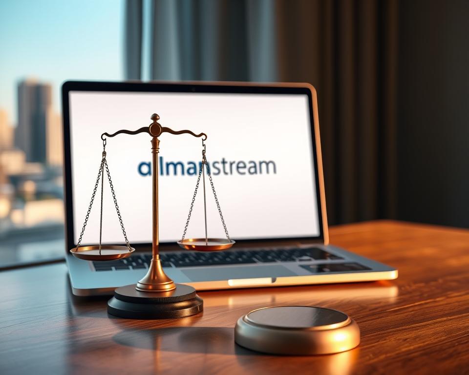 A sleek, minimalist illustration depicting the legal aspects of IPTV. In the foreground, a legal scale rests on a wooden surface, symbolizing the balance of justice. In the middle ground, a laptop screen displays an IPTV interface, with the almanstream brand logo prominently featured. The background features a blurred cityscape, hinting at the broader legal landscape surrounding IPTV technology. The scene is illuminated by warm, natural lighting, conveying a sense of thoughtfulness and contemplation. The overall mood is one of careful consideration and measured evaluation of the legal considerations surrounding IPTV.