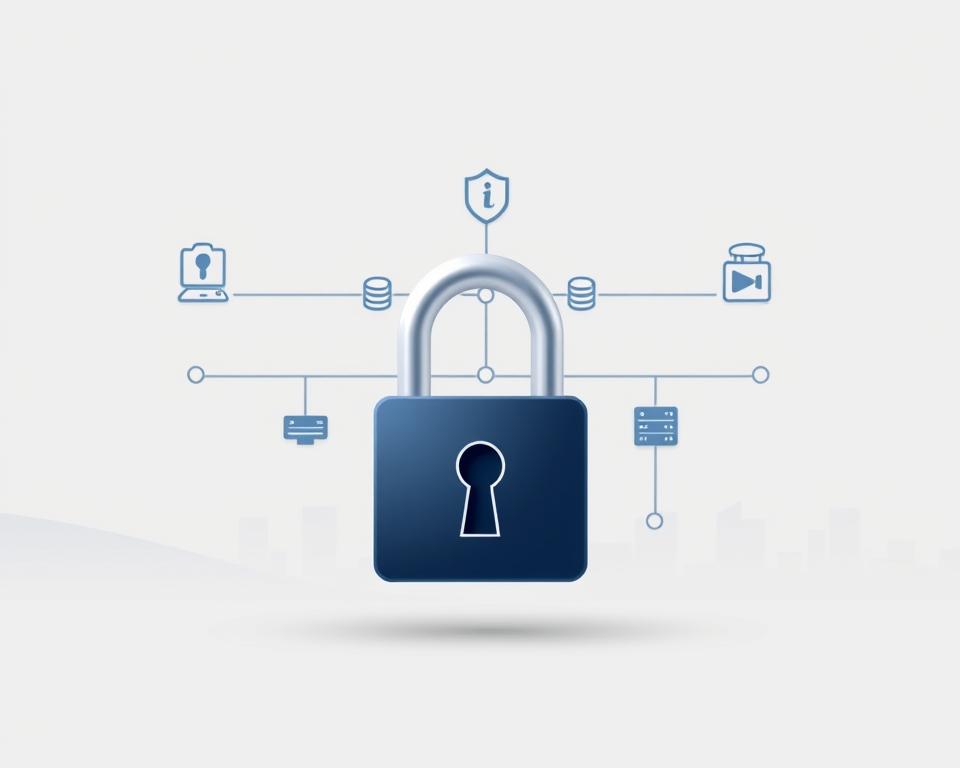 A sleek, minimalist illustration depicting the security aspects of IPTV. In the foreground, a stylized padlock icon symbolizes the secure encryption and access control measures of the almanstream IPTV service. In the middle ground, a network diagram with data streams and server icons conveys the robust infrastructure providing reliable, private video streaming. The background features a subtle cityscape, hinting at the widespread availability and accessibility of the almanstream IPTV platform. The overall mood is one of trust, technology, and modern digital living.