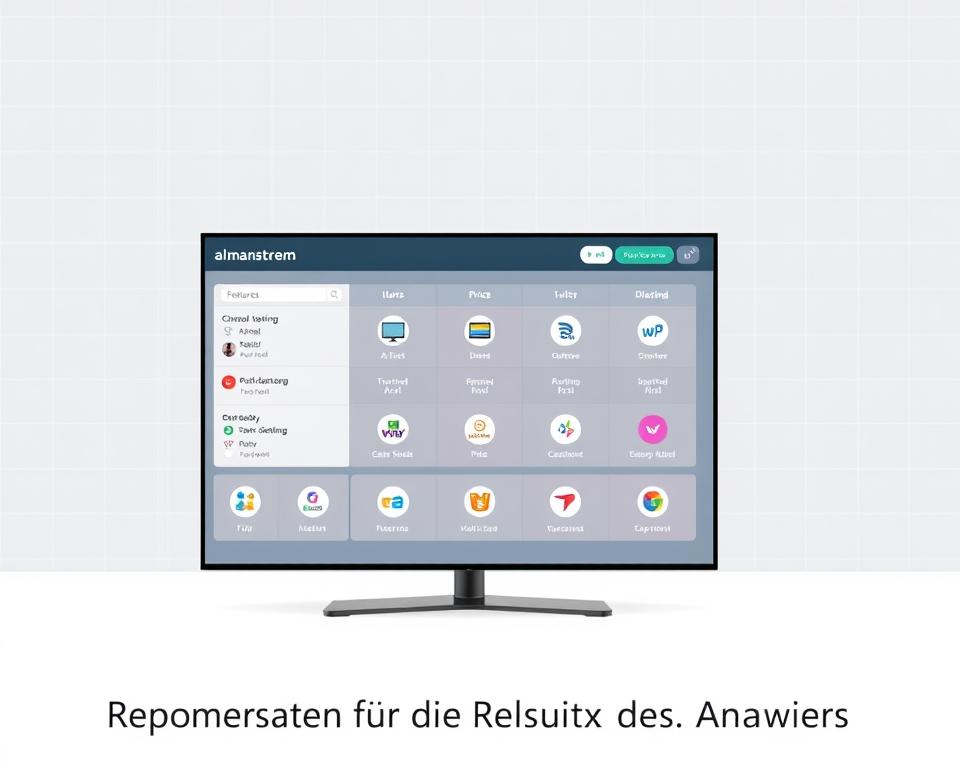 A sleek, minimalist illustration of the "almanstream" IPTV service offering a comprehensive comparison of providers. In the foreground, a clean, modern dashboard displays a side-by-side feature matrix, allowing users to easily evaluate and select the best option. The middle ground showcases stylized icons representing key IPTV attributes like channel selection, streaming quality, and pricing. In the background, a subtle grid pattern creates a sense of organization and professionalism. The overall scene conveys a sophisticated, data-driven approach to finding the optimal IPTV provider, reflecting the "Empfehlungen für die Auswahl des Anbieters" section of the article.