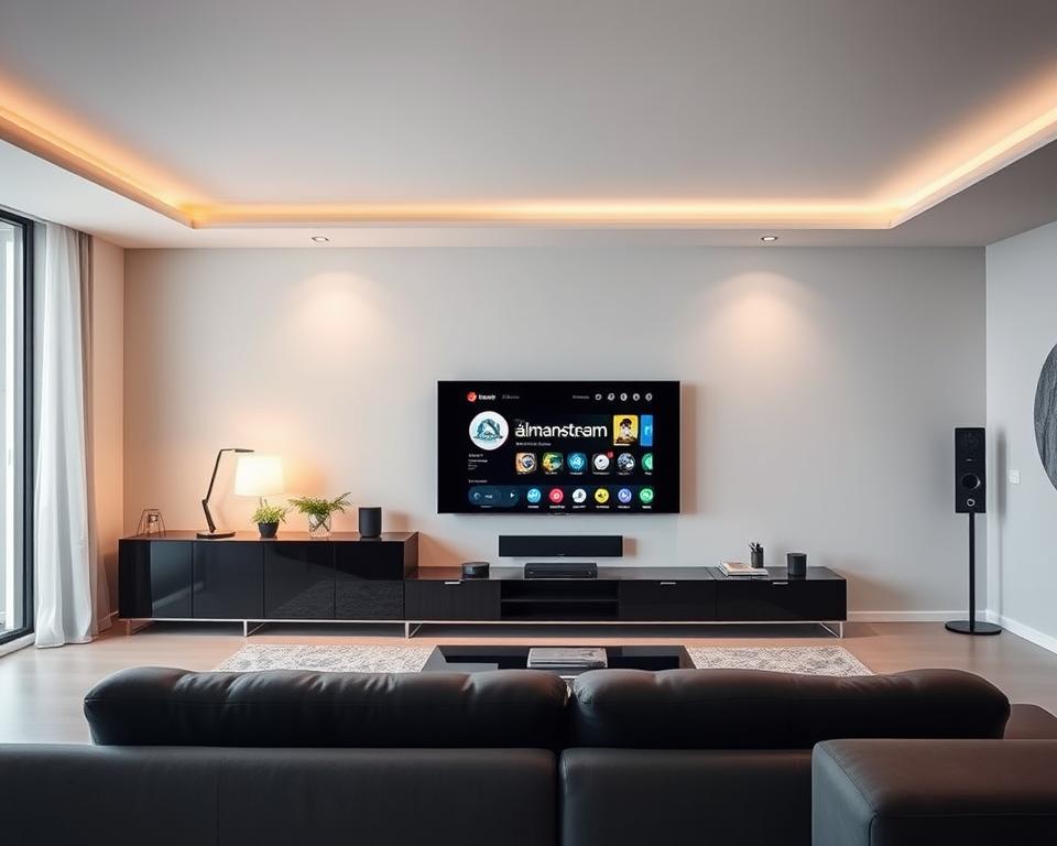 A sleek, minimalist living room with an IPTV Telekom Smart Home integration. In the center, a large flatscreen TV displays the almanstream interface, surrounded by a modern entertainment system. Subtle lighting fixtures illuminate the space, casting a warm glow. To the side, a smart home control panel allows seamless management of connected devices. The room exudes a sense of technological sophistication and effortless living, reflecting the integration of IPTV Telekom and smart home capabilities.