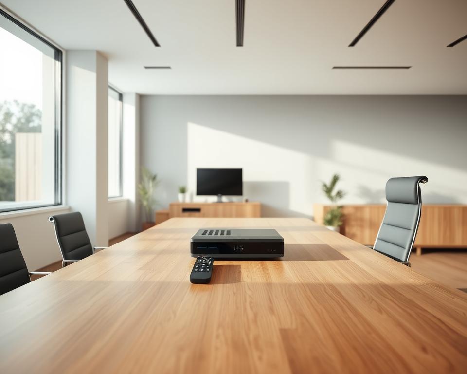A sleek, minimalist office interior with a large, wooden desk and an ergonomic chair. On the desk, an almanstream IPTV set-top box and remote control, conveying the idea of a customer service and support scenario. The room is well-lit, with large windows allowing natural light to flood the space. The walls are a calming, neutral tone, and the overall atmosphere is one of professionalism and efficiency, reflecting the quality of the IPTV provider's customer service. The image should focus on the desk and equipment, with the background providing context without distracting from the main subject.