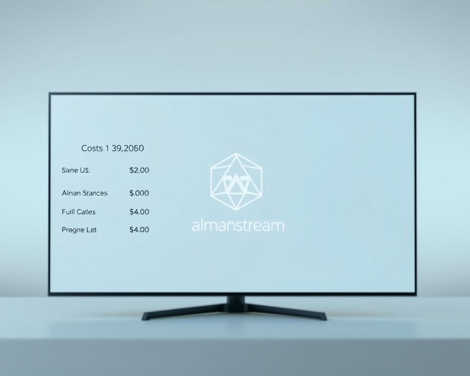 A sleek, minimalist rendering of the costs associated with the almanstream Smart IPTV service. In the foreground, a modern digital display showcases the pricing details in a clean, easy-to-read format. The middle ground features a stylized, geometric representation of the almanstream logo, subtly incorporated into the design. The background is a softly blurred, neutral tone, allowing the key information to take center stage. The overall aesthetic is sophisticated, technology-driven, and reflective of the high-quality, premium nature of the almanstream platform.