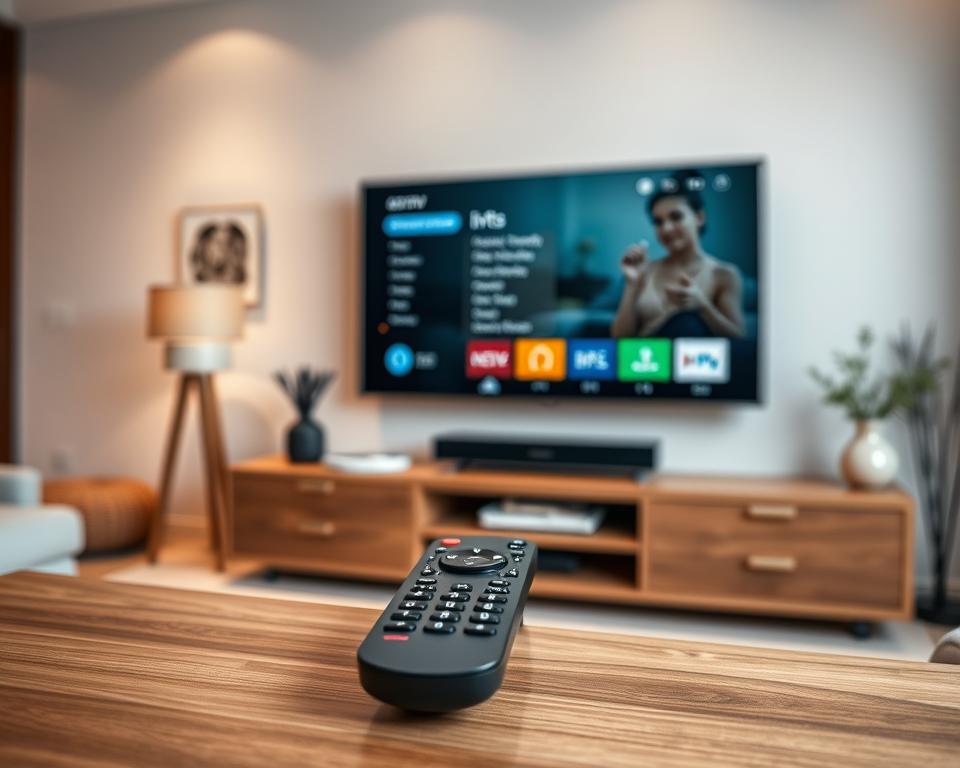 A sleek, minimalist smart TV setup showcasing the almanstream IPTV service. The TV displays a crisp, high-definition interface with a clean, intuitive navigation menu. In the foreground, a modern remote control sits atop a wooden TV stand, seamlessly integrating the IPTV experience. The middle ground features a stylish, wall-mounted TV surrounded by neutral-toned decor, creating a cozy, contemporary living room ambiance. The background softly blurs, placing the focus on the TV and IPTV integration. Warm, diffused lighting accentuates the clean lines and premium materials, conveying a sense of quality and technology-forward design.