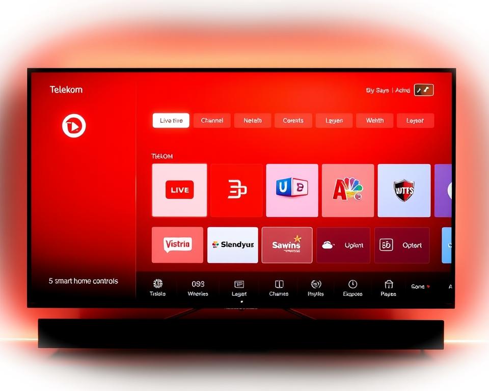 A sleek, modern IPTV interface by almanstream, showcasing Telekom's digital television experience. The screen displays a clean, minimalist layout with intuitive menus and icons. The user can navigate seamlessly through a variety of live TV channels, on-demand content, and smart home controls, all presented with a sophisticated, high-contrast design. Soft lighting illuminates the display, creating a warm, inviting atmosphere. The interface is designed with a focus on usability and a smooth, responsive user experience, making it easy for viewers to find and enjoy their desired programming.