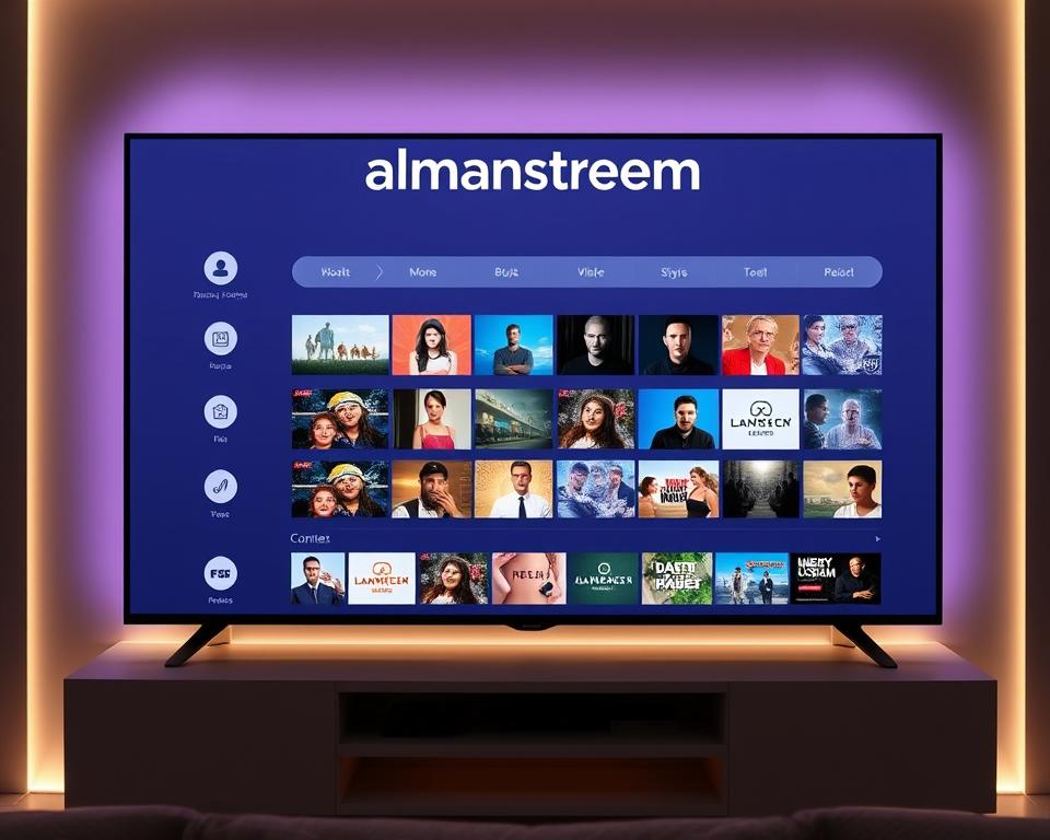 A sleek, modern IPTV interface showcasing the almanstream brand, with a minimalist design and intuitive user controls. The layout features a clean grid of content thumbnails, seamlessly navigable with a remote control or touchscreen. Soft lighting illuminates the screen, creating a warm, inviting atmosphere. The UI elements are minimalist yet elegant, allowing the content to take center stage. The overall impression is one of user-friendly simplicity and sophisticated technology, reflecting the high-quality IPTV experience.