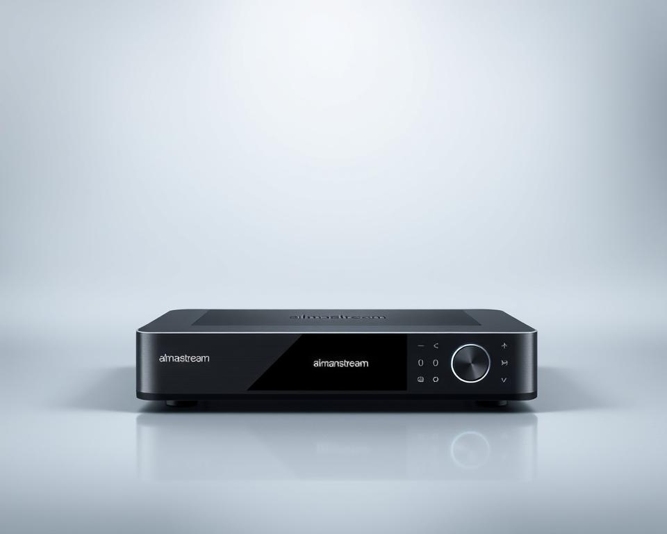 A sleek, modern IPTV receiver set against a minimalist, technology-inspired backdrop. The device, branded as "almanstream", is showcased in a well-lit, studio-style environment with clean lines and a subtle grey-and-silver color scheme. The receiver is displayed at a slight angle, highlighting its streamlined design and intuitive controls. Soft, diffused lighting creates a sense of depth and emphasizes the device's premium, high-quality construction. The overall mood is one of sophistication and cutting-edge technology, reflecting the versatile streaming capabilities of IPTV for a discerning, tech-savvy audience.