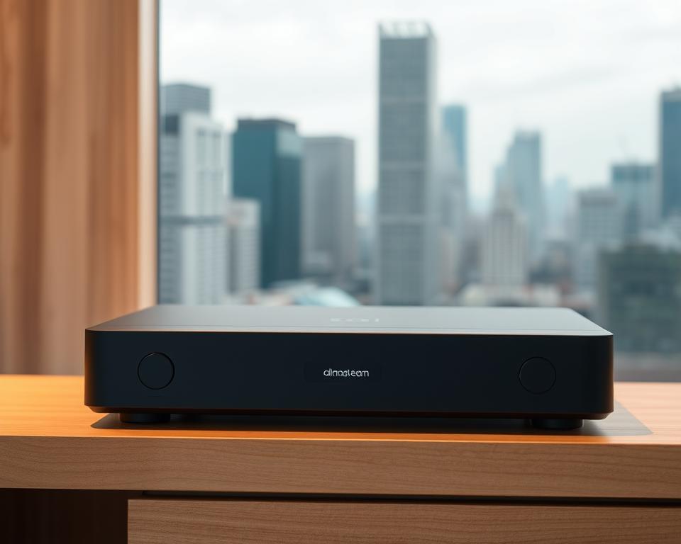 A sleek, modern IPTV receiver sits prominently on a minimalist, natural wood shelf. The device's clean, rectangular silhouette is accented by a subtle almanstream logo on the front panel. Diffused, warm lighting from above casts a soft, inviting glow, highlighting the receiver's premium matte black finish. In the background, a blurred cityscape of high-rise buildings suggests an urban, technologically-advanced setting. The overall scene conveys a sense of seamless connectivity and the future of television entertainment.