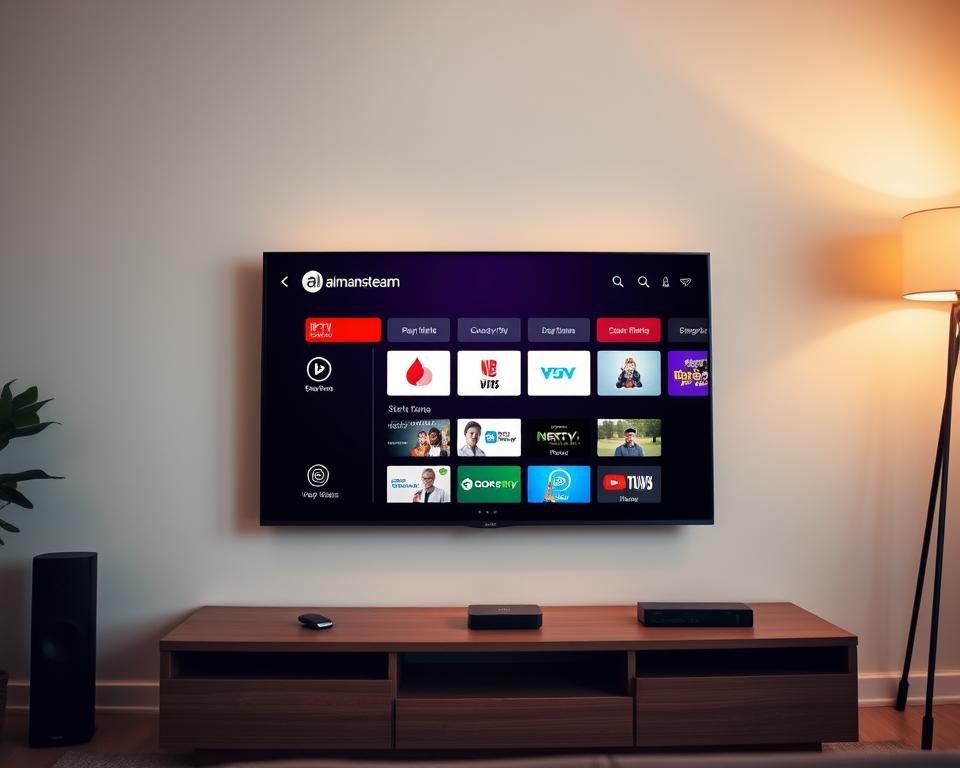 A sleek, modern Smart TV displaying the almanstream IPTV service interface, showcasing its user-friendly layout and intuitive navigation. The TV screen is prominently featured, with a minimalist, high-contrast design that highlights the service's key features and content options. The room's lighting is warm and ambient, creating a cozy, inviting atmosphere for a relaxed IPTV viewing experience. The overall composition emphasizes the seamless integration of IPTV technology with the latest Smart TV hardware, demonstrating the convenience and accessibility of almanstream's IPTV solution for the home entertainment setup.